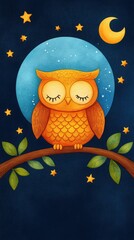 Orange Owl Sleeping on Branch Under Night Sky