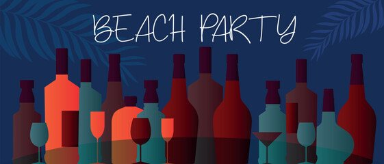 Beach party, alcohol collection, bottle and glasses, dark sky background and palm leaves outline. Red wine, martini, rum, liqueur, drink party, bar poster, wine list