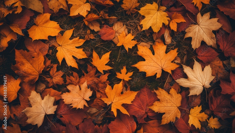 Poster stylish autumn leaves design with top view and ample space for layout