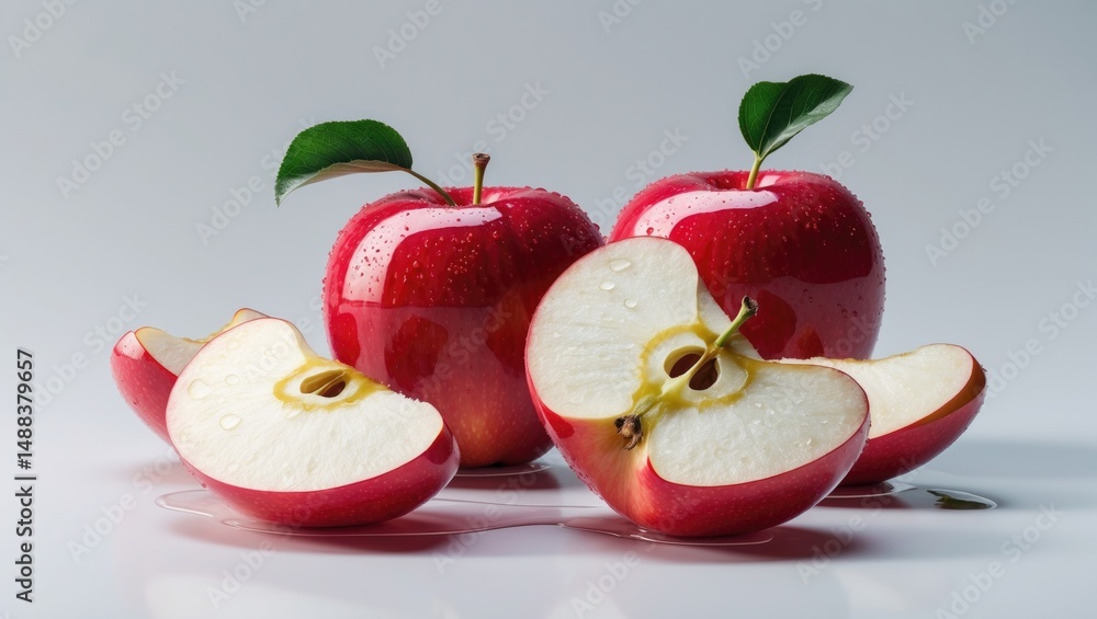 Poster isolated apple set: a collection of fresh red apple slices on a background