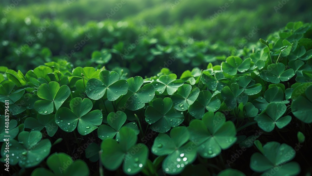 Poster spring-themed green foliage texture with clover pattern