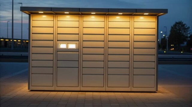 Illuminated parcel locker blinking at dusk near highway