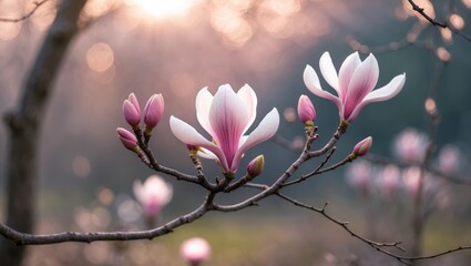 Blooming magnolia on a blurred outdoor scene capturing springtime beauty.