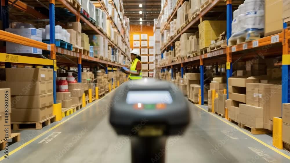 Poster warehouse management system scanning inventory in logistics center