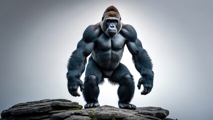 Fototapeta premium Standing on a lookout, a gorilla is depicted on a white background.