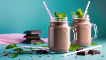 Creamy chocolate mint shake served in a jar with straw, healthy and delicious
