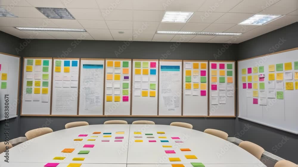 Poster stop motion of sticky notes changing positions on whiteboard and table in meeting room