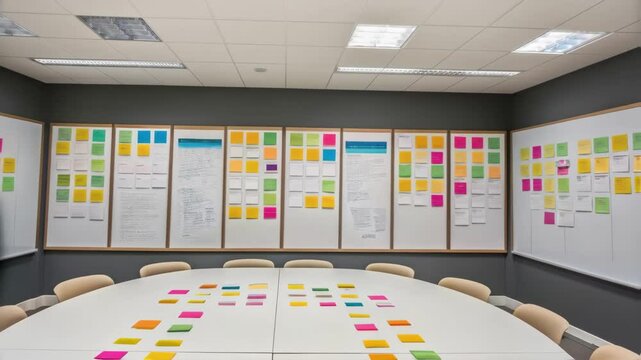 Stop motion of sticky notes changing positions on whiteboard and table in meeting room
