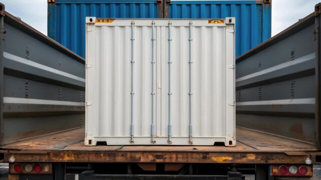 White shipping container loaded on truck bed with blue and grey containers