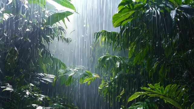 Tropical rainforest with lush green plants and sunlight filtering through the dense canopy, capturing a humid, vibrant jungle environment full of natural beauty and life