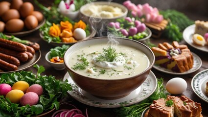 The Easter menu in Poland includes white borscht, sausage, eggs, salad, and cakes.