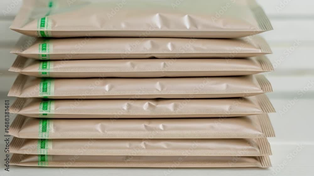 Poster stacks of identical padded mailers on white background