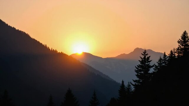 Mountains and trees at sunset.