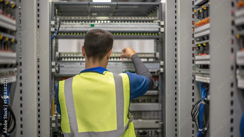 Poster Electrical engineer working on server rack in datacenter