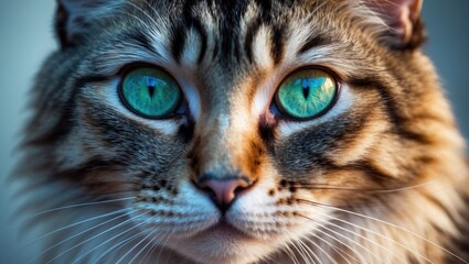 Close-up of a striped cat with large green eyes