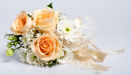 Obraz premium against a bright backdrop, a floral arrangement takes center stage, featuring a collection of soft peach colored blossoms