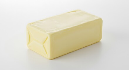 Smooth pale yellow butter block sits neatly on white background softly lit. AI Generated