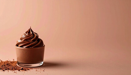 against a simple, solid color background, the scene features a clear glass container holding a generous serving of a creamy, dark colored dessert