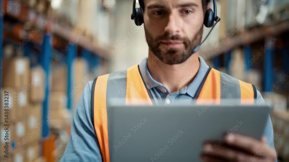 Poster warehouse worker using digital tablet and headset