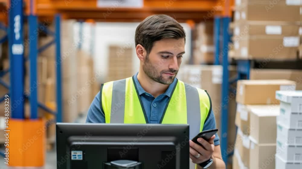 Poster Warehouse worker checking stock and inventory on computer and mobile device