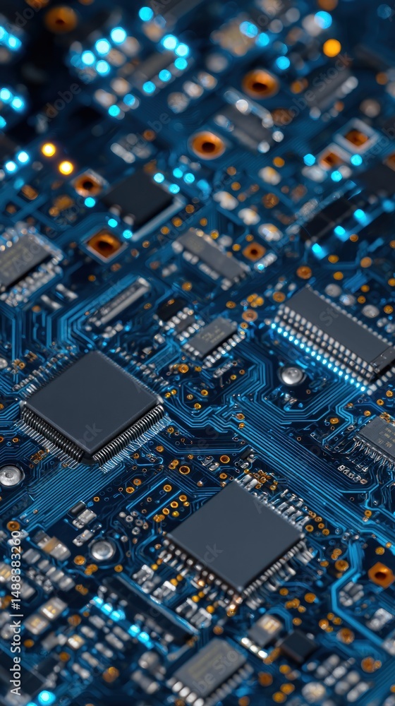 Poster close-up of a circuit board: high-tech digital technology microchip components