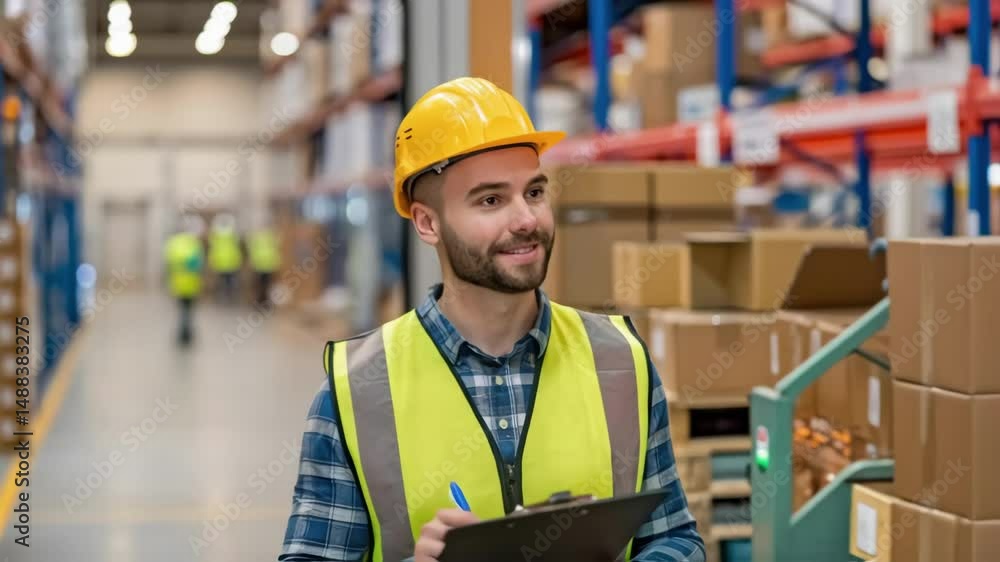 Poster Warehouse worker taking notes on clipboard, checking inventory