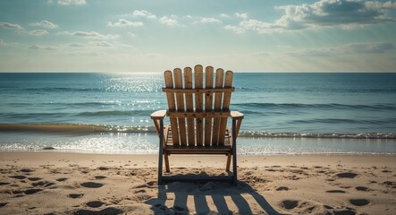 Wooden beach chair facing the calm ocean under a sunny sky