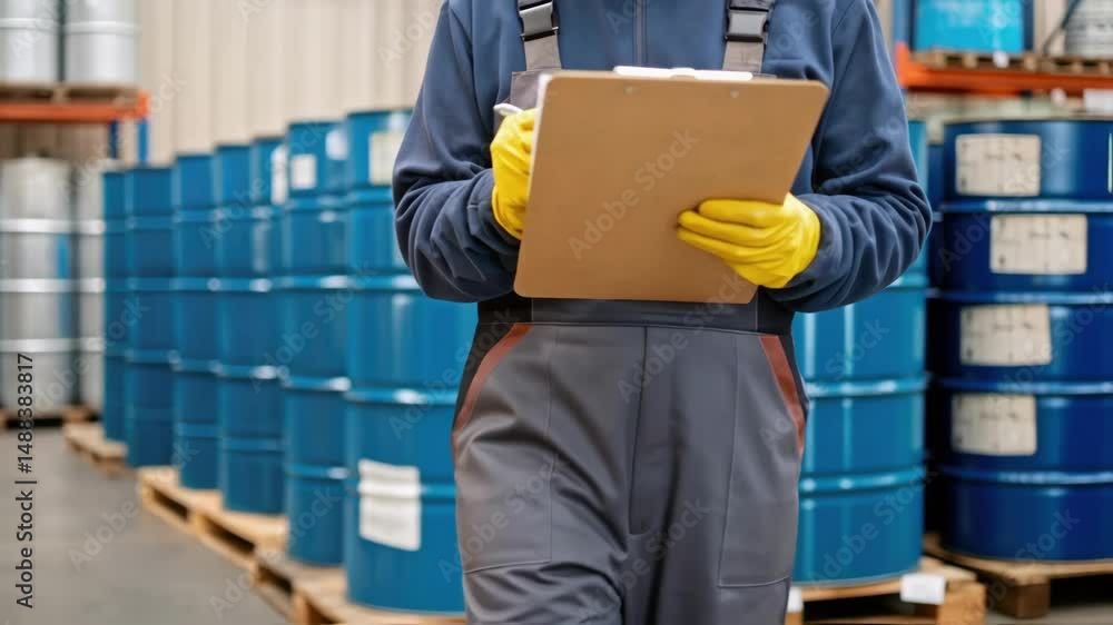 Poster Warehouse worker taking notes on clipboard during inventory check