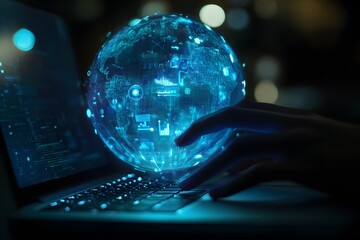 Digital globe interface representing global data and technology over laptop keyboard illuminated
