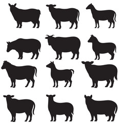 Farm Animal Silhouettes Collection Black and White, Cattle Cows Goats and Bulls Farm Animals