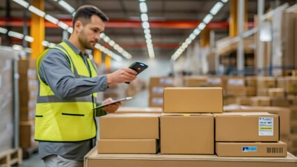 Warehouse worker scanning packages with barcode scanner - Powered by Adobe