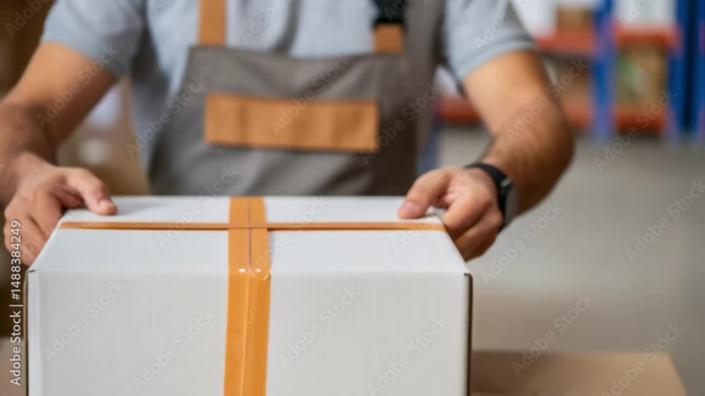 Poster Warehouse worker carefully placing package on table