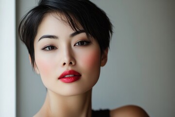 Fototapeta premium Captivating portrait of a woman with short hair and bold red lips taken in a natural light setting in Asia