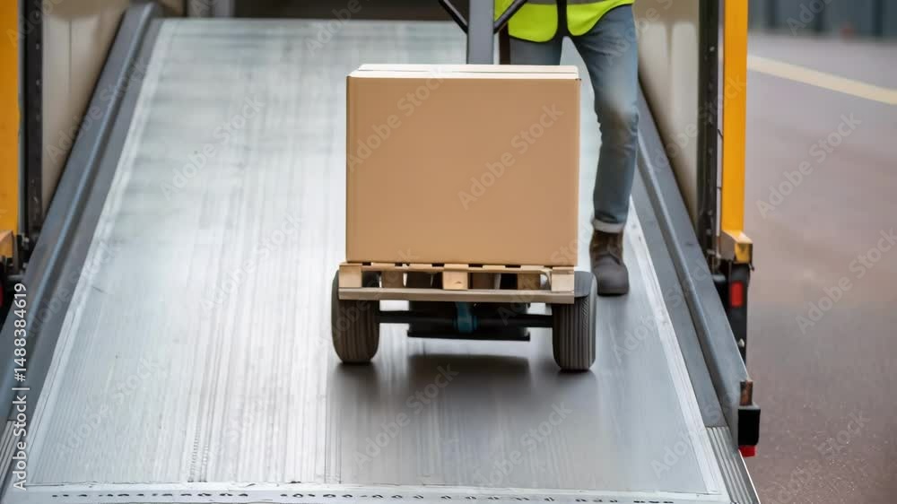 Aufkleber warehouse worker unloading cardboard box from truck using pallet jack
