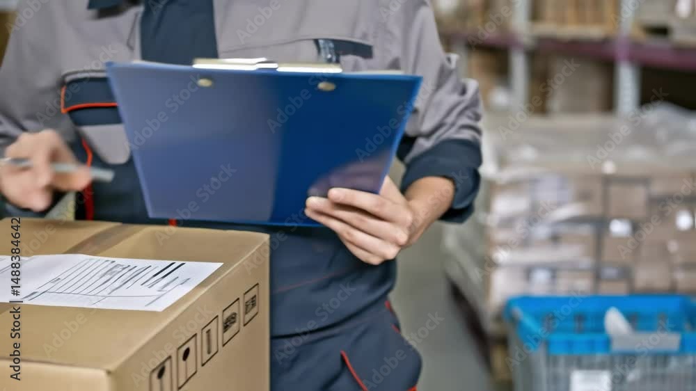 Poster Warehouse worker checking inventory and filling out forms