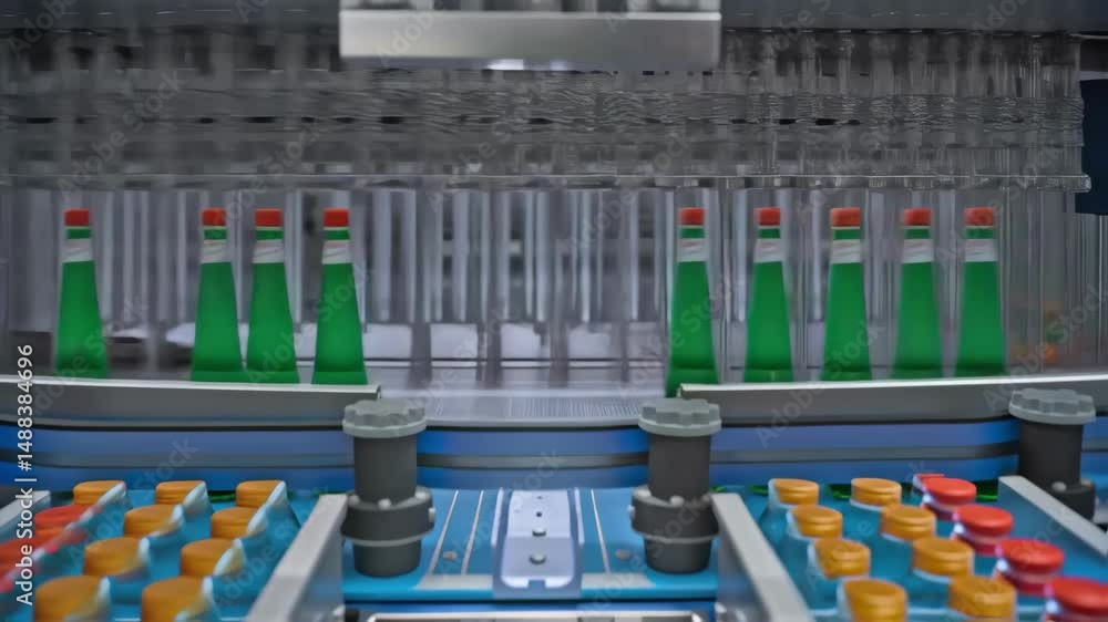 Poster automatic bottling machine filling green bottles on assembly line