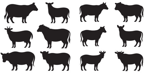 Farm Animal Silhouettes Collection Black and White, Cattle Cows Goats and Bulls Farm Animals