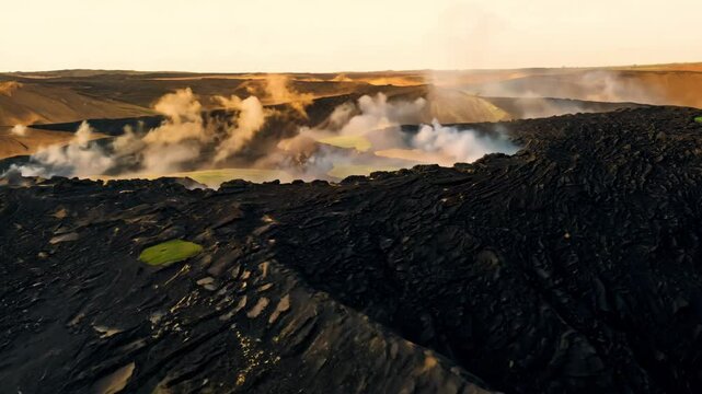 Hot lava steaming on a rocky volcanic field with thick smoke rising into the air, showcasing the raw natural power of the Earth in a rugged and active geological location
