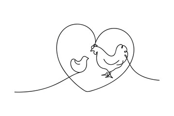 Delicate one line drawing of chicken and chick within a heart shape simple vector illustration