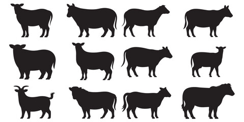 Farm Animal Silhouettes Collection Black and White, Cattle Cows Goats and Bulls Farm Animals