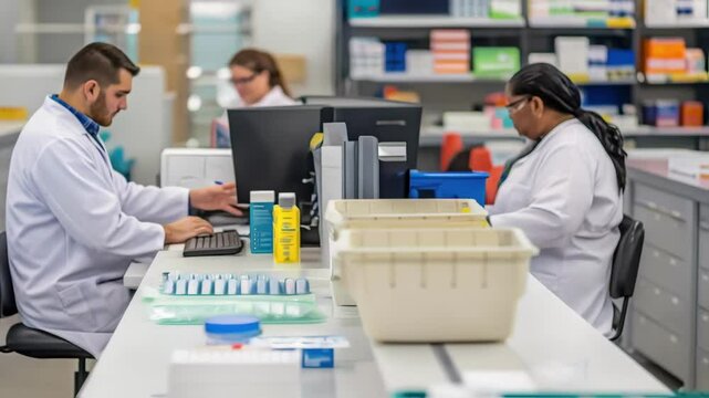Pharmacy technicians preparing medications in a busy pharmacy