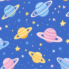 Colorful planets and stars space seamless pattern, perfect for kids' fabric, wallpaper, or wrapping paper