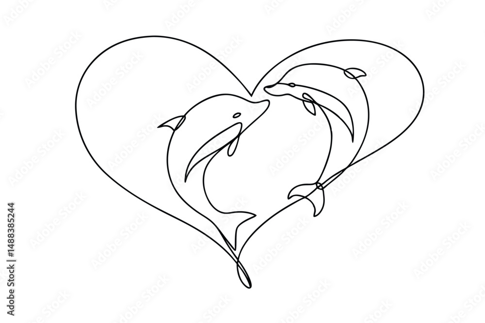 Aufkleber two dolphins forming a heart shape in continuous single line drawing on white background