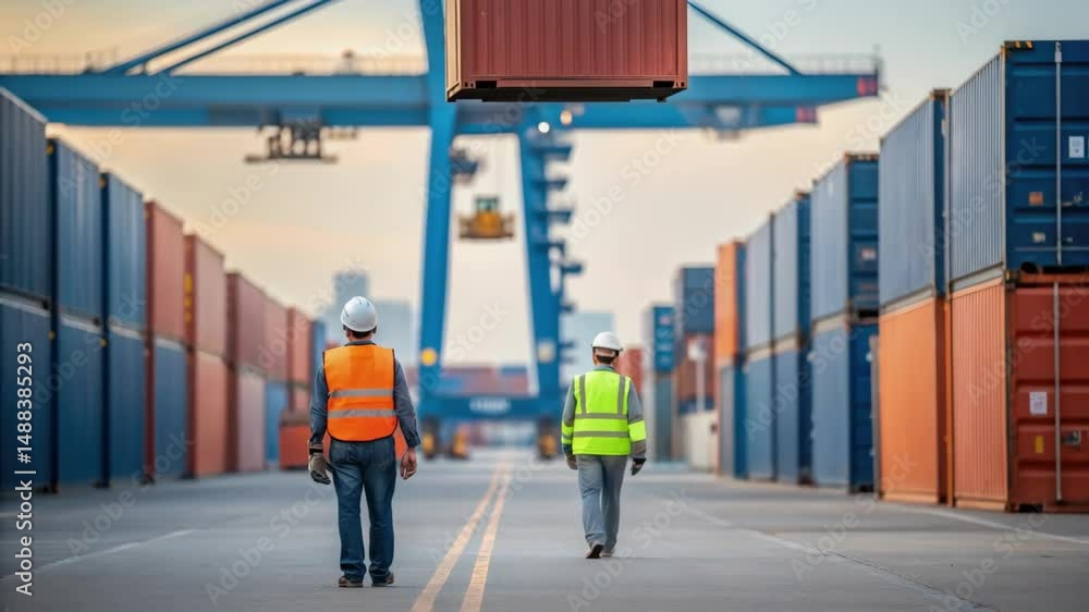 Poster Engineers walking in a container terminal while a crane moves a container
