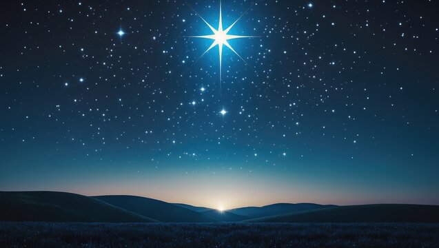 The star glows above the manger on a starry night sky