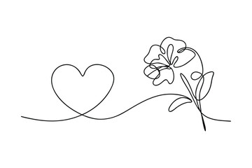 Minimalist one line drawing of a heart and a beautiful flower on white background