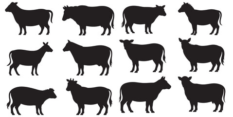 Fototapeta premium Farm Animal Silhouettes Collection Black and White, Cattle Cows Goats and Bulls Farm Animals