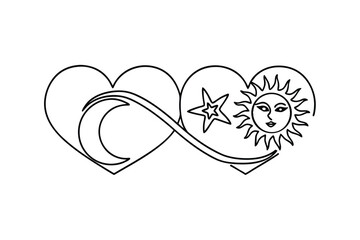 Celestial symbols of infinity love design featuring sun moon star within hearts illustration
