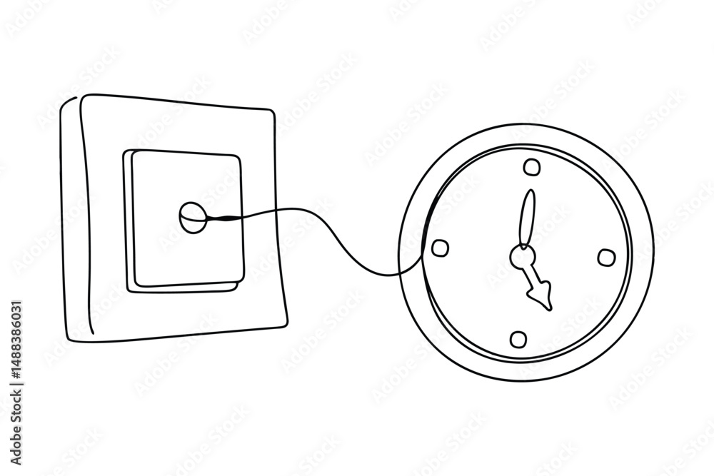 Poster continuous line drawing illustrating a clock linked to a light switch representing time management