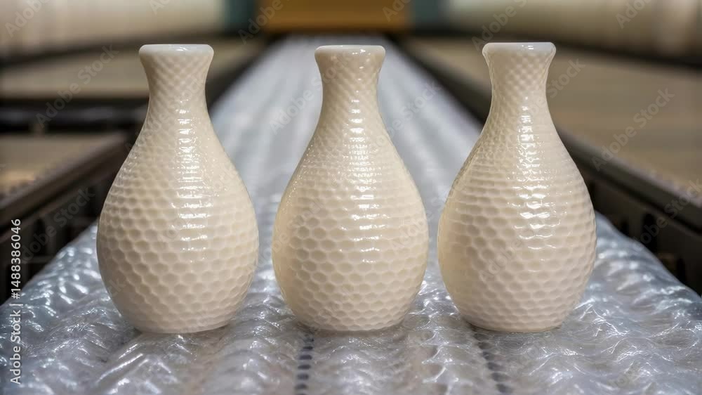 Poster identical white vases moving on conveyor belt in factory